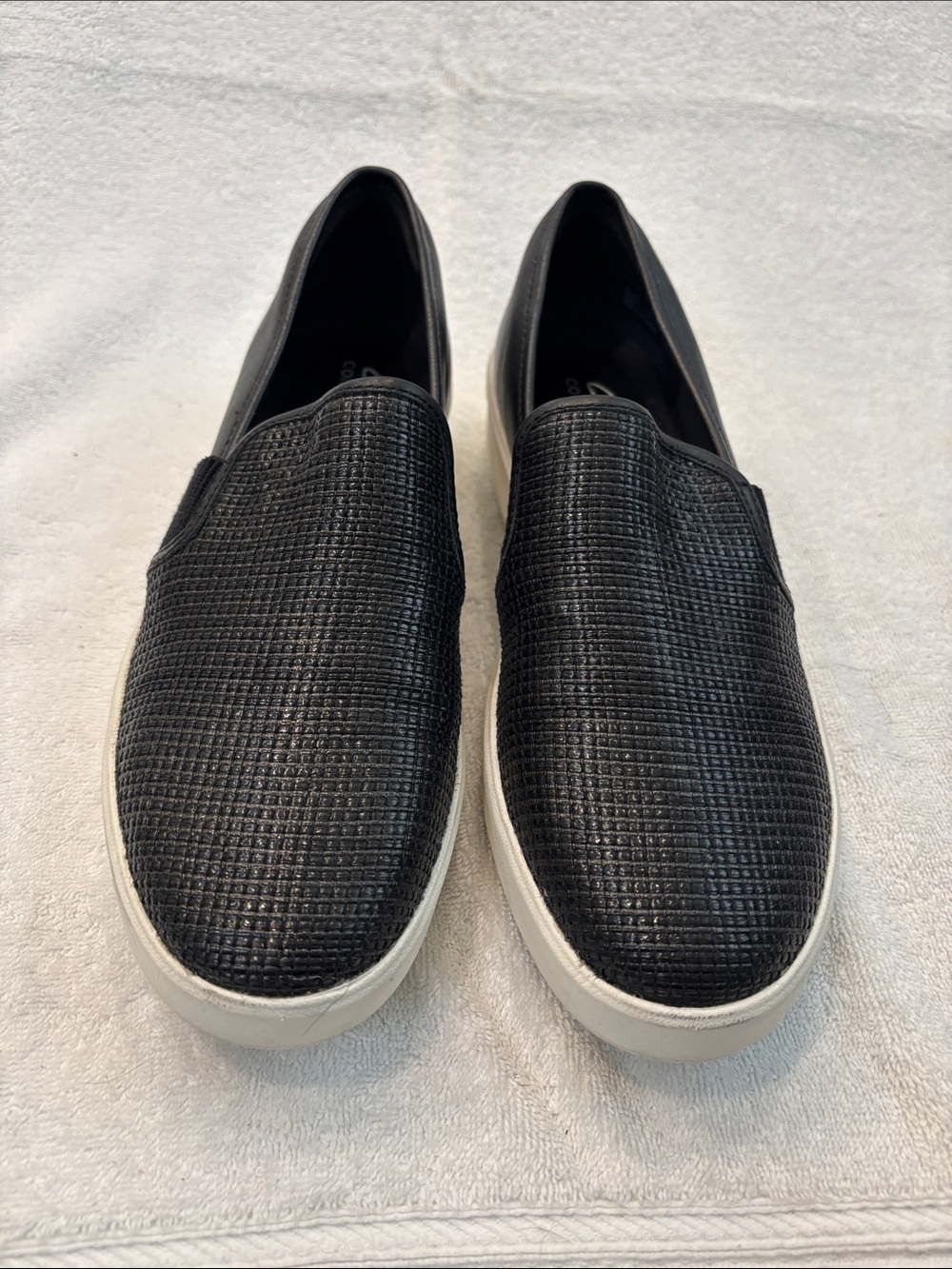 Clarks Women's Black Textured Slip-On Flats with White Soles